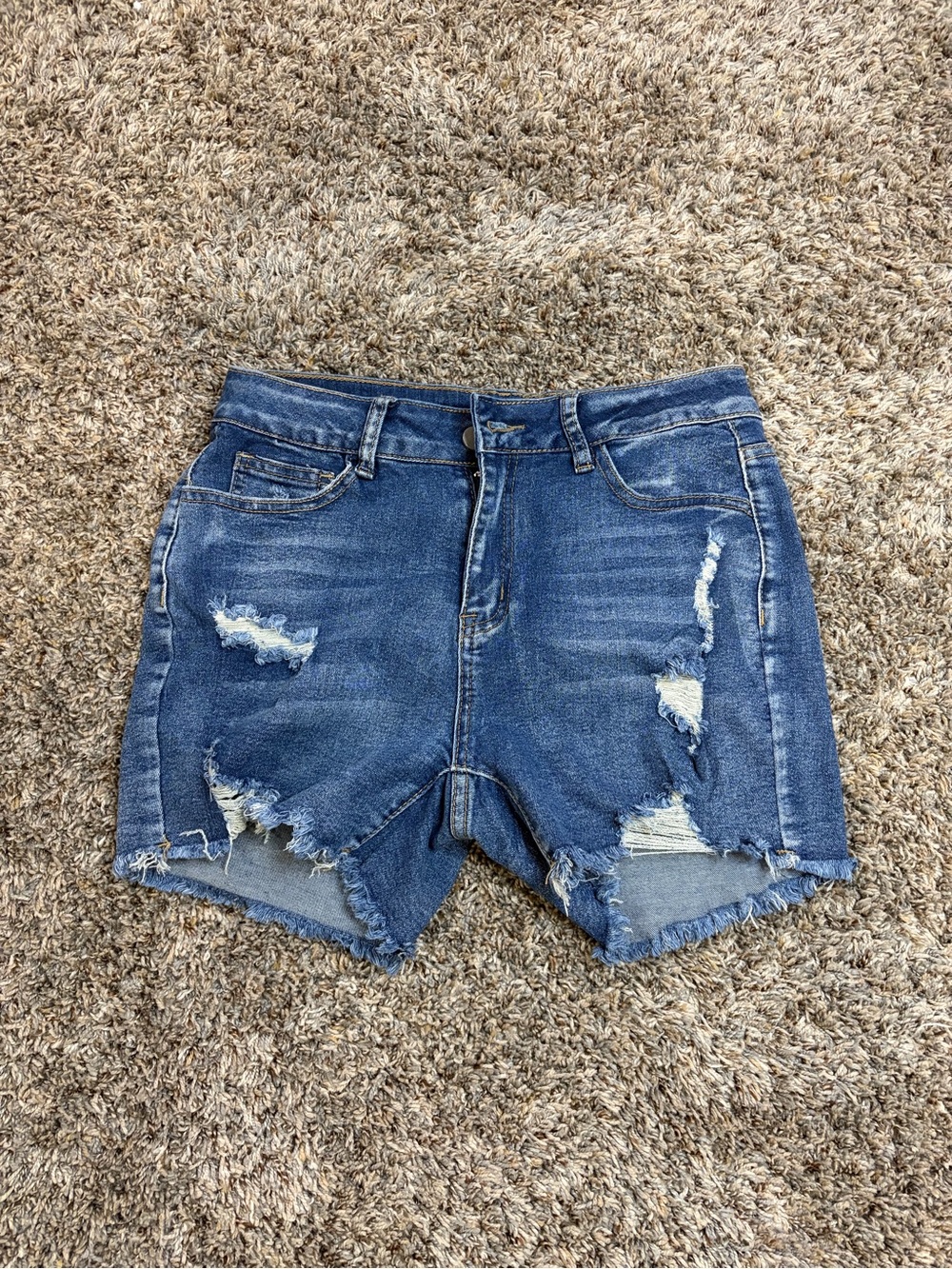 Distressed High-Rise Denim Shorts - Blue